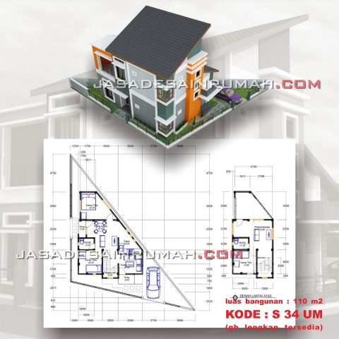 Denah Desain Rumah 2 Lantai Tanah Asimetris