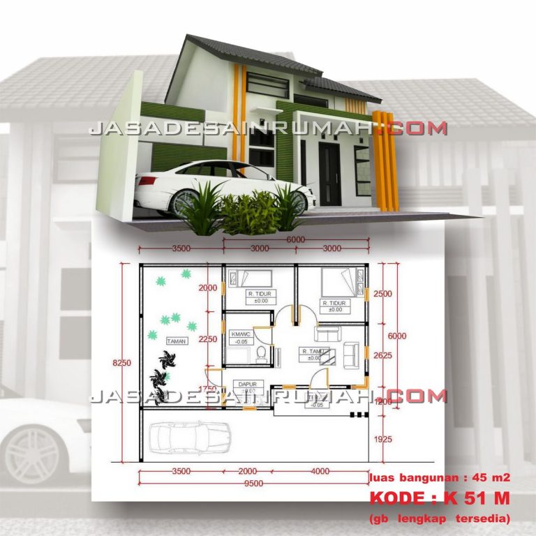 Desain Tampak dan Denah Rumah Minimalis Tipe 45 di Probolinggo | Jasa